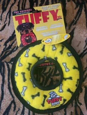 Tuffy Ring Dog Squeak Toy Durable Tuff Scale 9 - Yellow Bone Print 9in Large